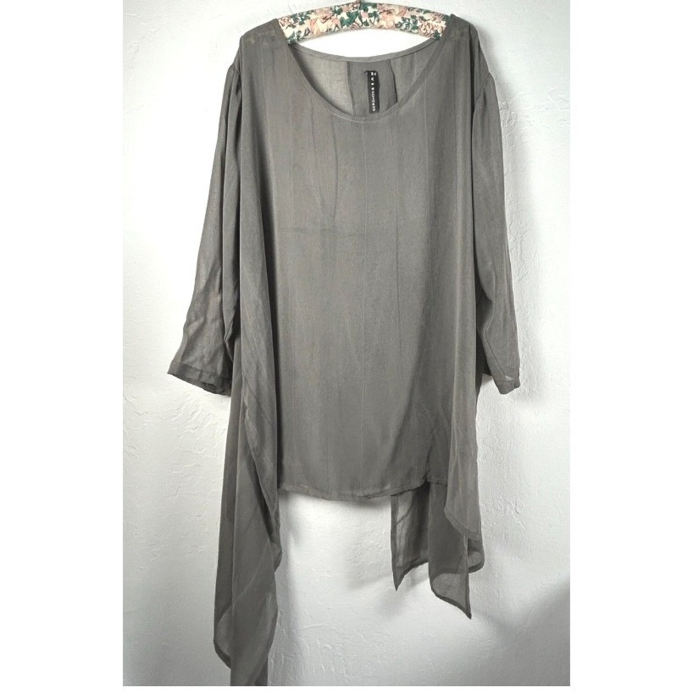 Gershon Bram Silk Blouse Gray Asymmetric Hem Draped Tunic Top, Size M